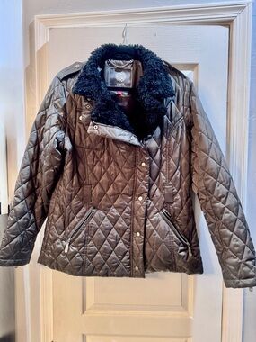 Vince Camuto Quilted Puffer Jacket with Black Faux-Fur Collar - Brown